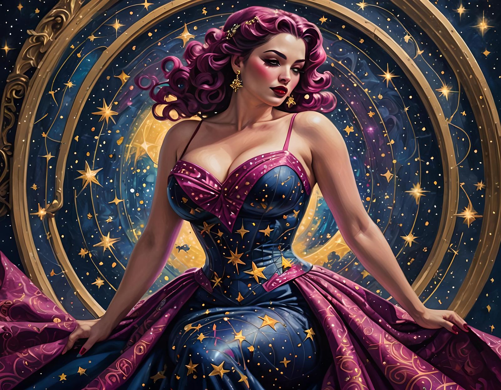 Dark Fantasy Pin-Up in Star Gown Oil Painting