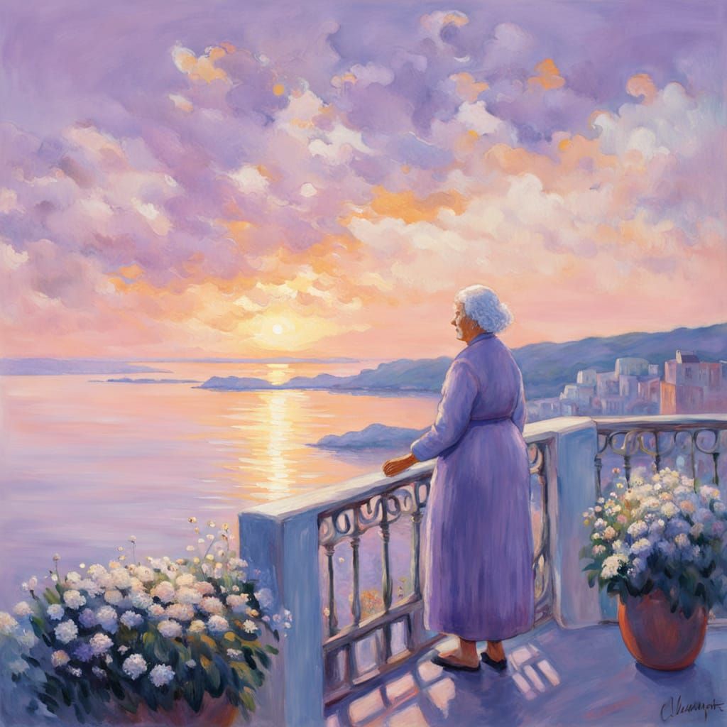 Ethereal Old Woman Overlooking Coastal City at Dusk in Neo-I...