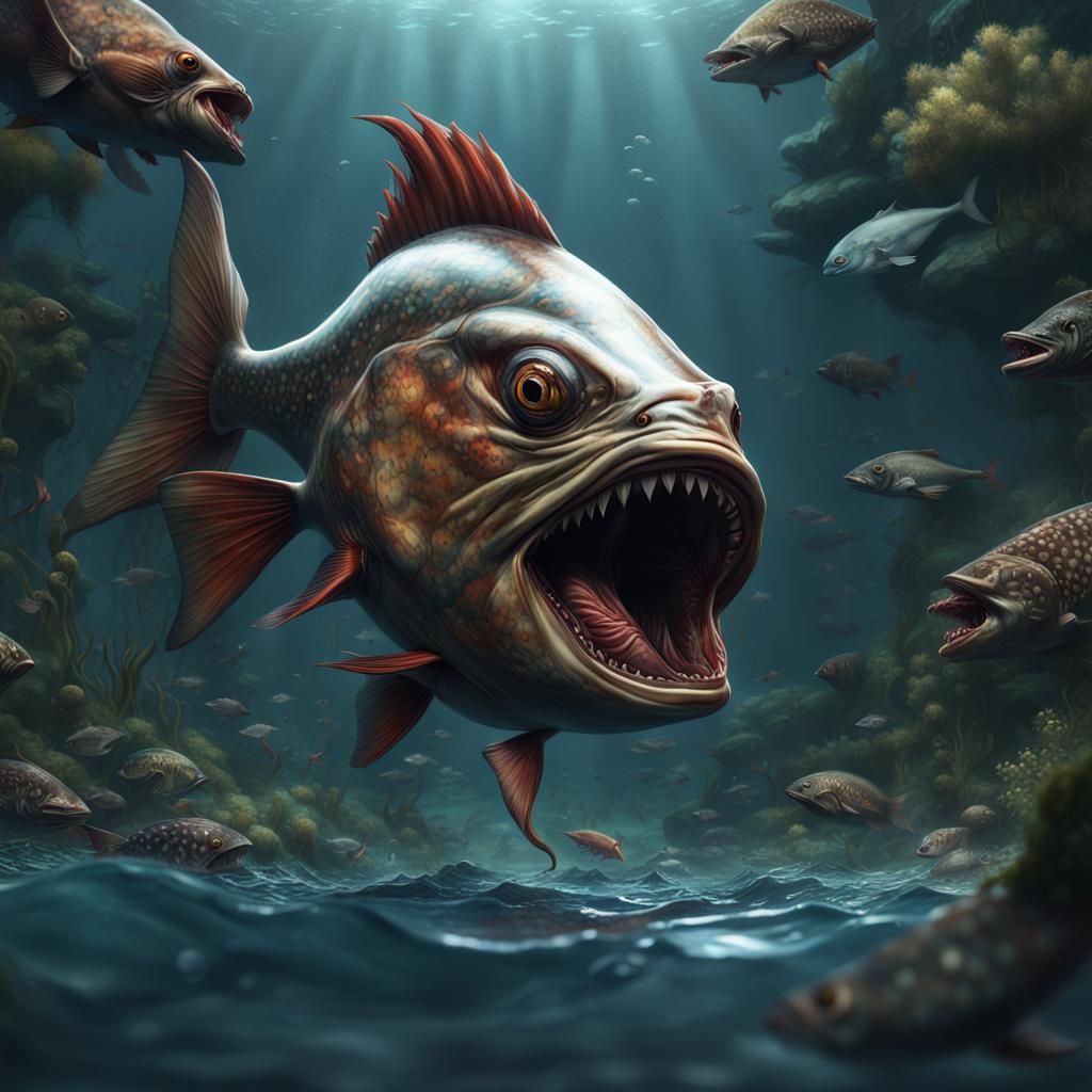 Monster Fish Chased by Piranhas, Fantasy Art