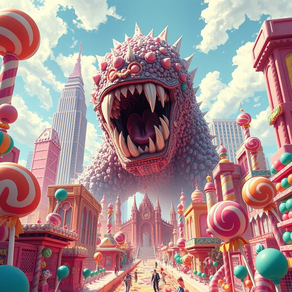Toothy Kaiju Attacks Candy City: Dark Fantasy Art