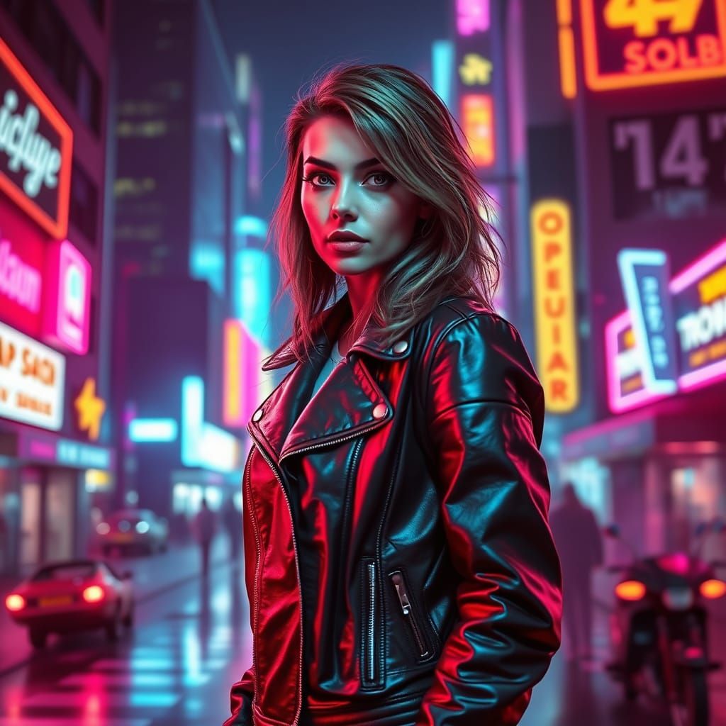 Neon Cityscape Woman in Cyberpunk Style