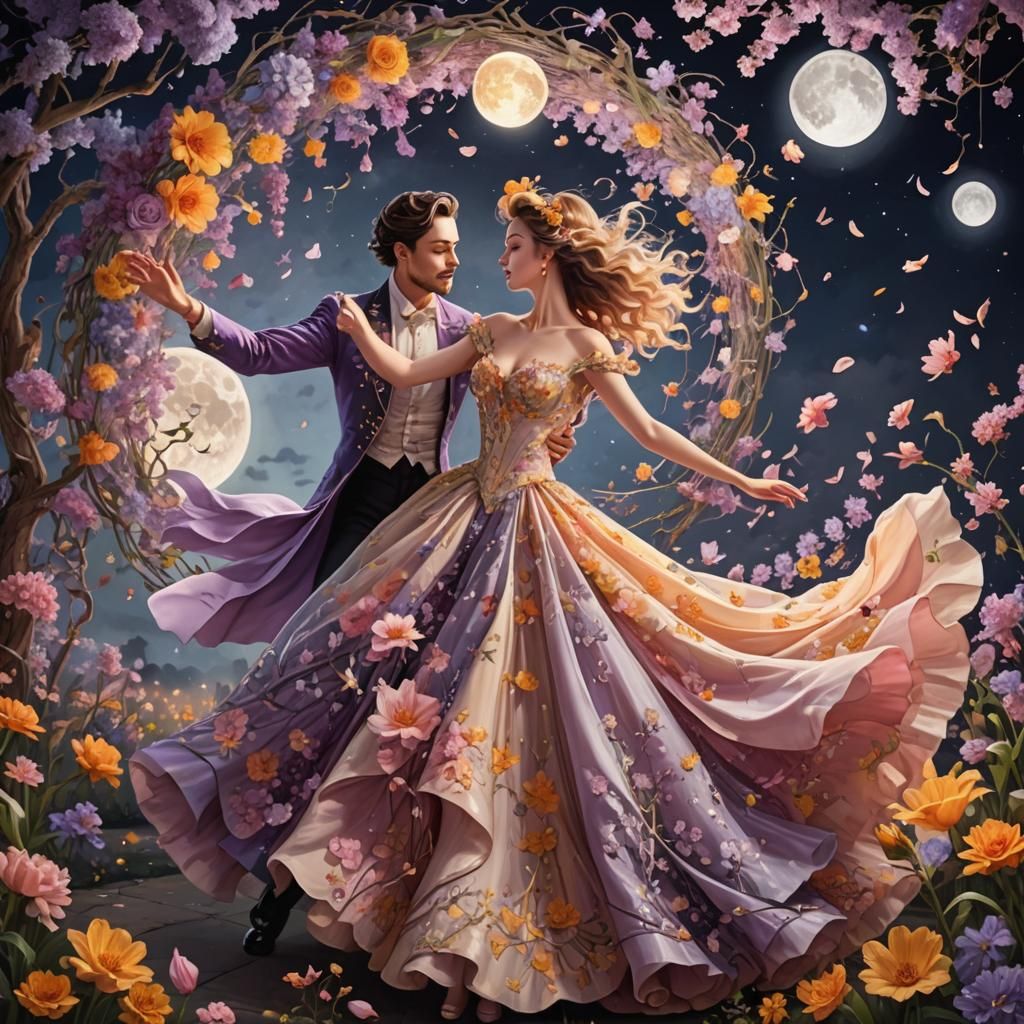 Floral Ball Gown Dance Under Moonlight