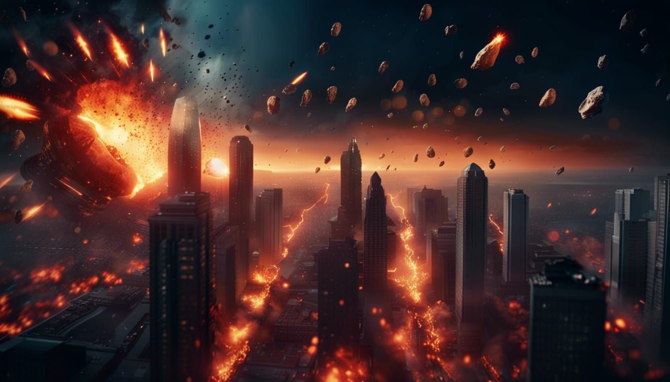 Asteroids Fall on Burning City at Night