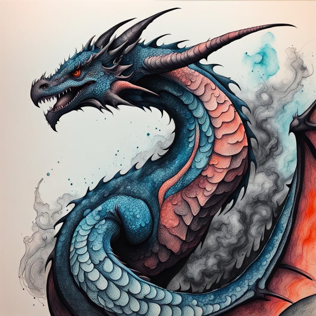 Detailed Wyvern Ink Drawing in Abstract Art Style