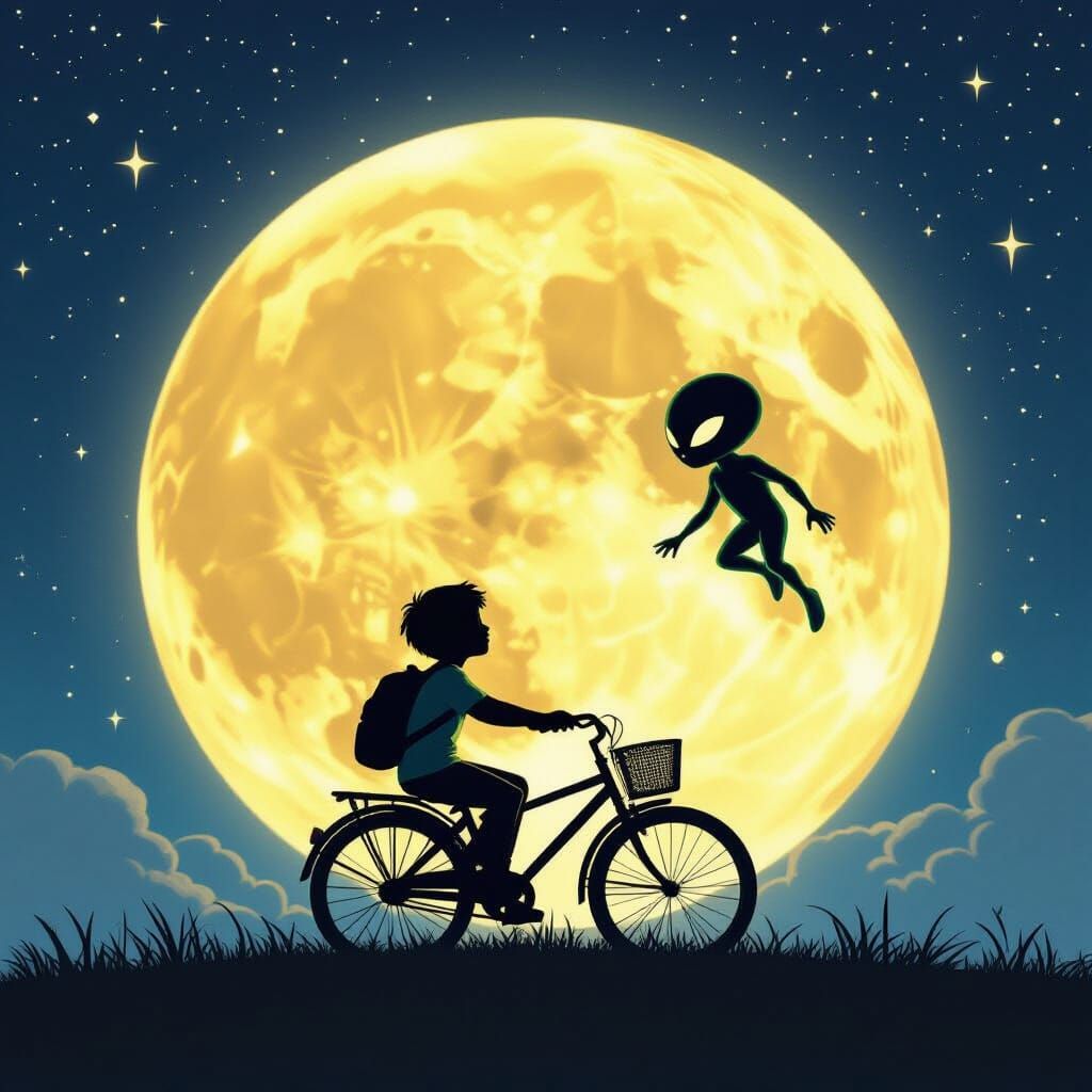 Boy and Alien Fly By Moon in Silhouette