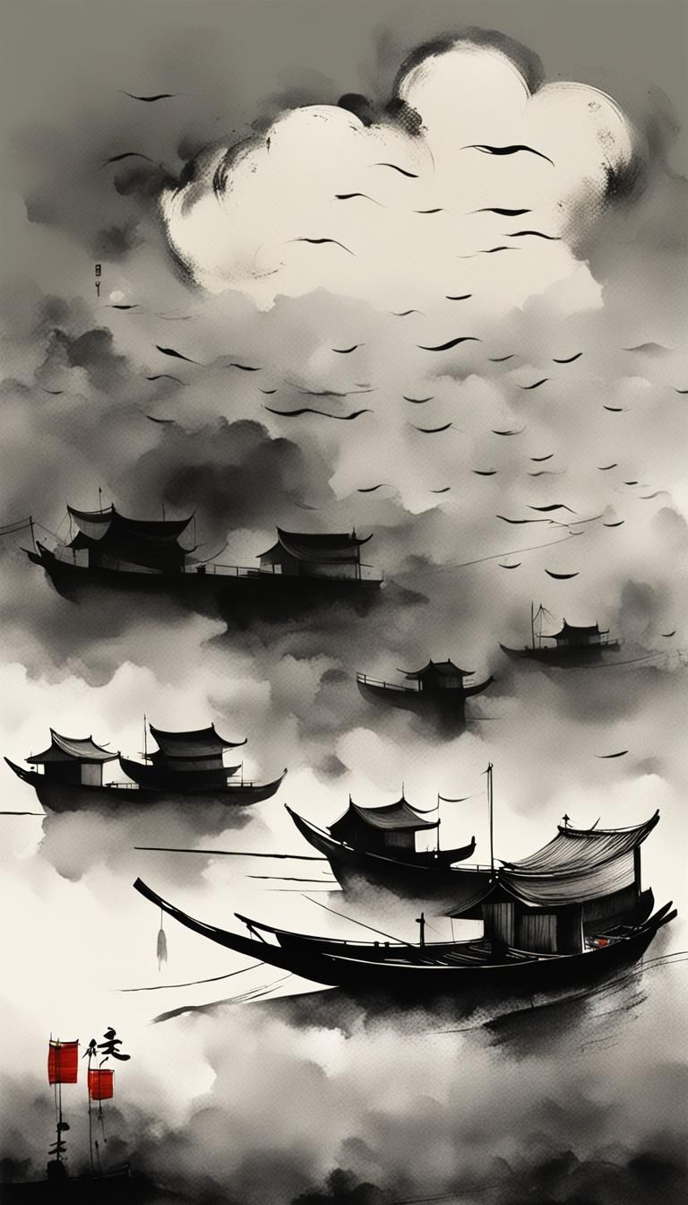 Minimalist Chinese Ink Painting of Tornado with Boats