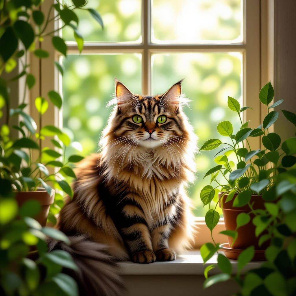Serene Cat Lounging in Sunny Window, Photorealistic Style