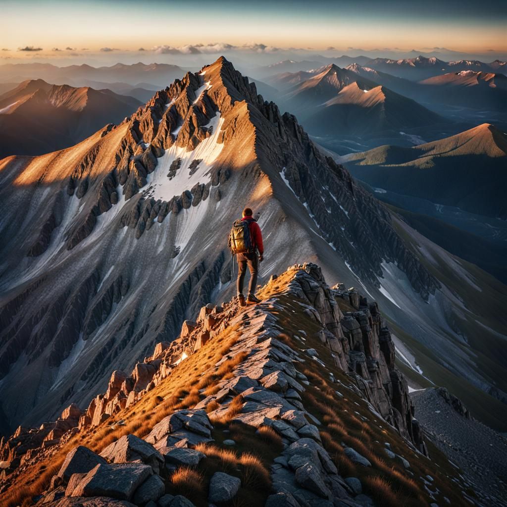 Lone Hiker on Mountain Peak at Golden Hour