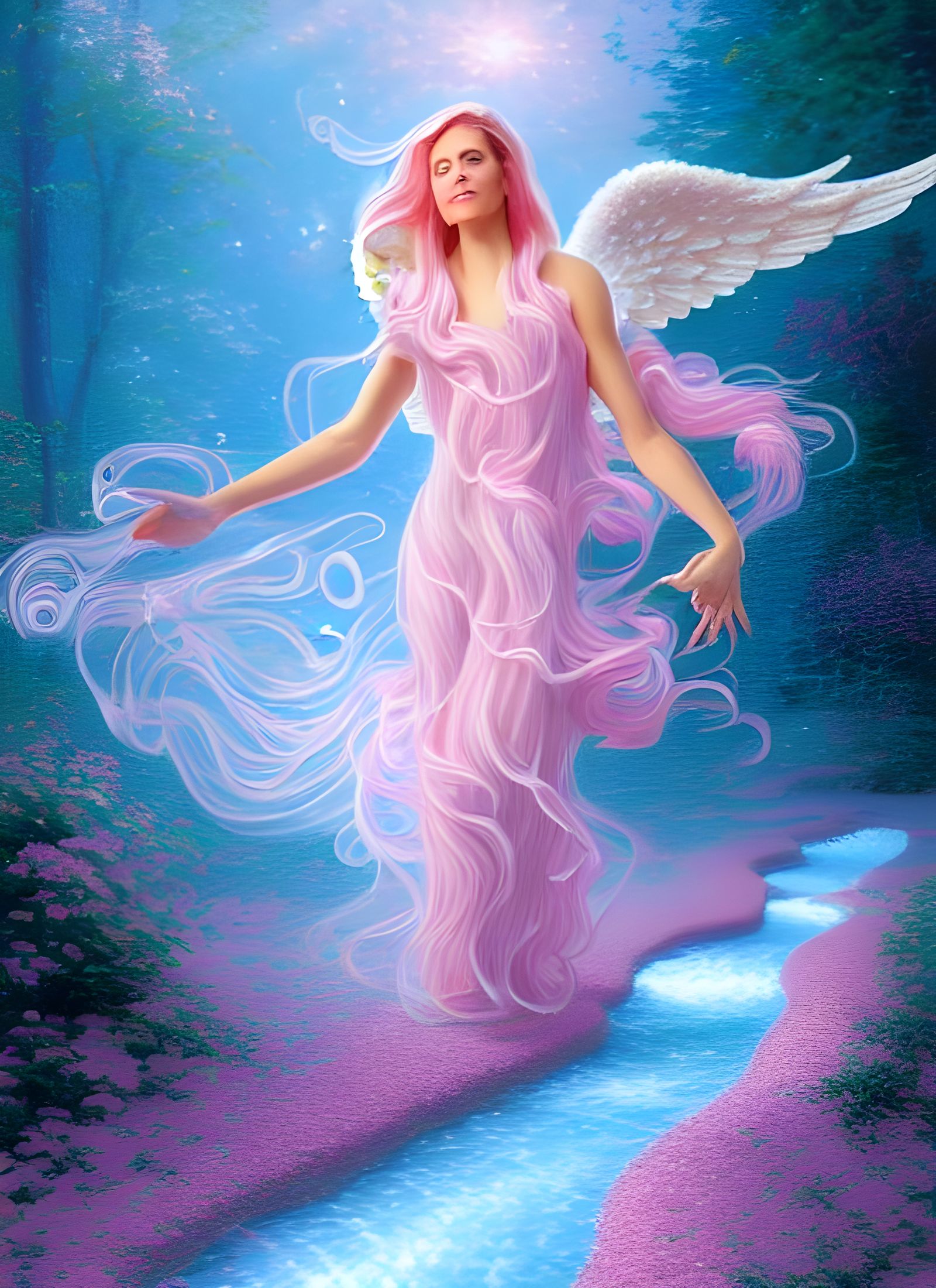 Angel Steps into Crystalline Stream in Art Nouveau Style