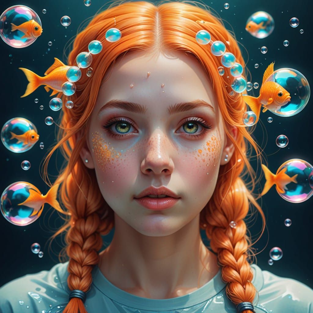 Ethereal Dream Girl Amidst Vibrant Soap Bubbles in Cyberpunk...