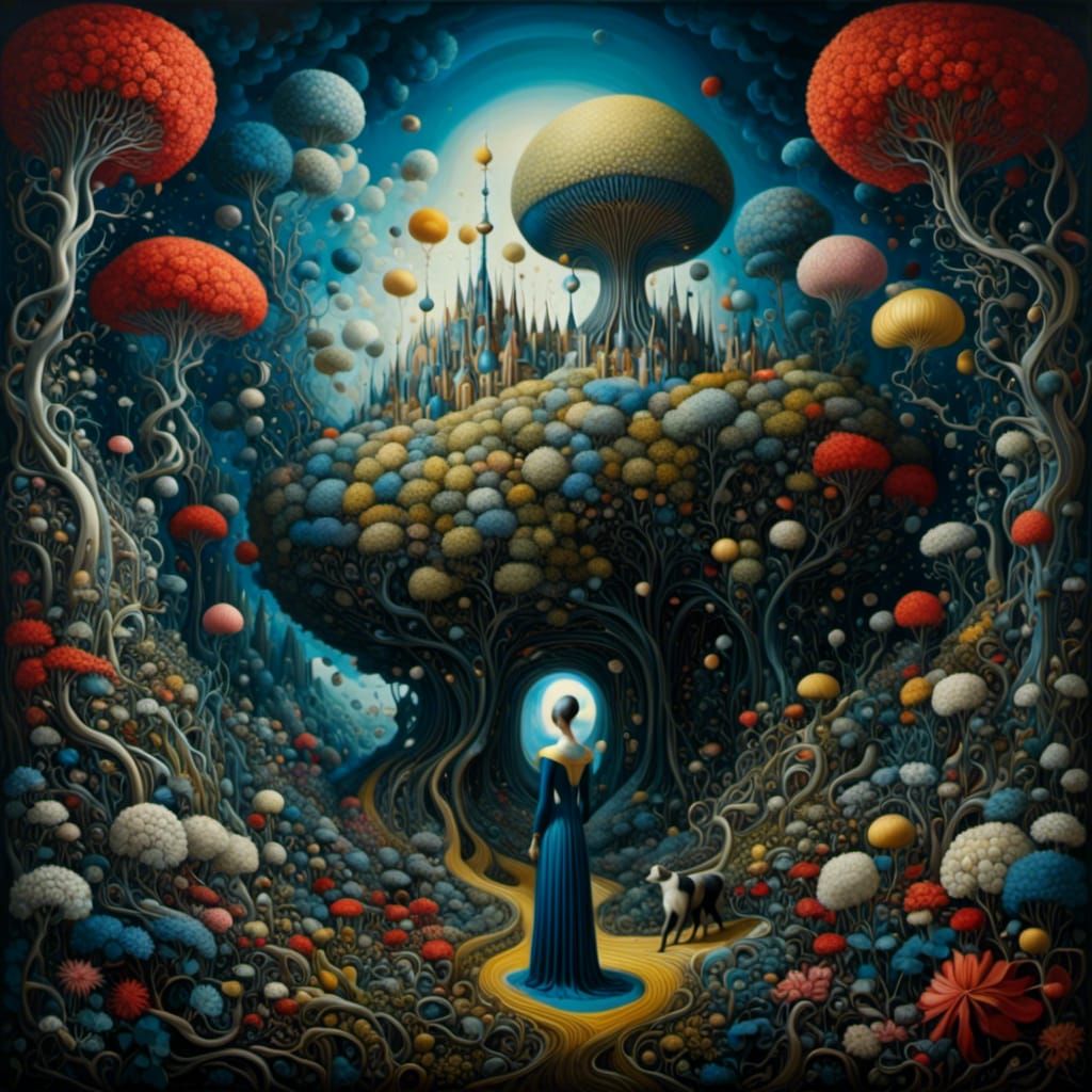 Surreal Dog in Dreamlike Forest: Matte Painting