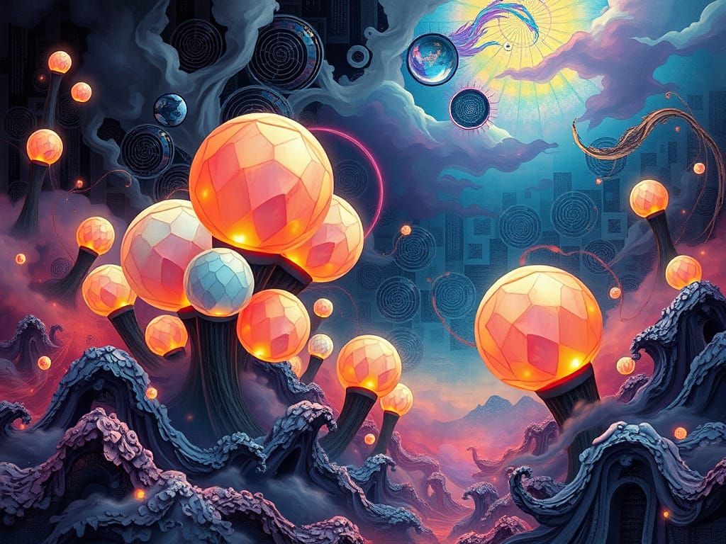 Surreal Cosmic Landscape with Glowing Orbs and Circuit Diagr...