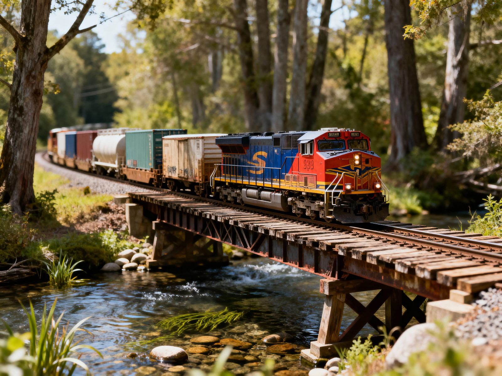 Hyperrealistic Train Crossing Trestle Bridge in Vibrant Wood...