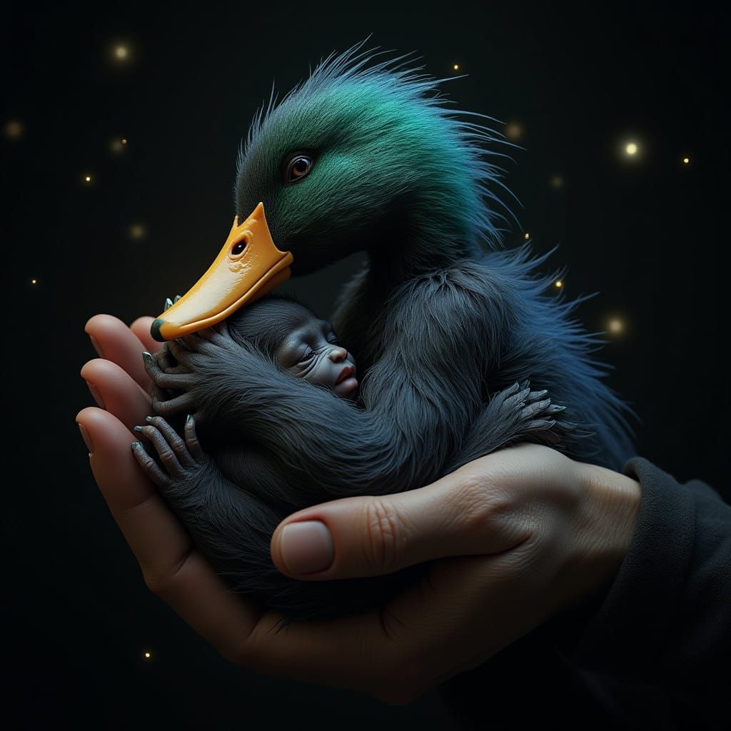 Cyberpunk Majestic Duck Cradles Ape Baby