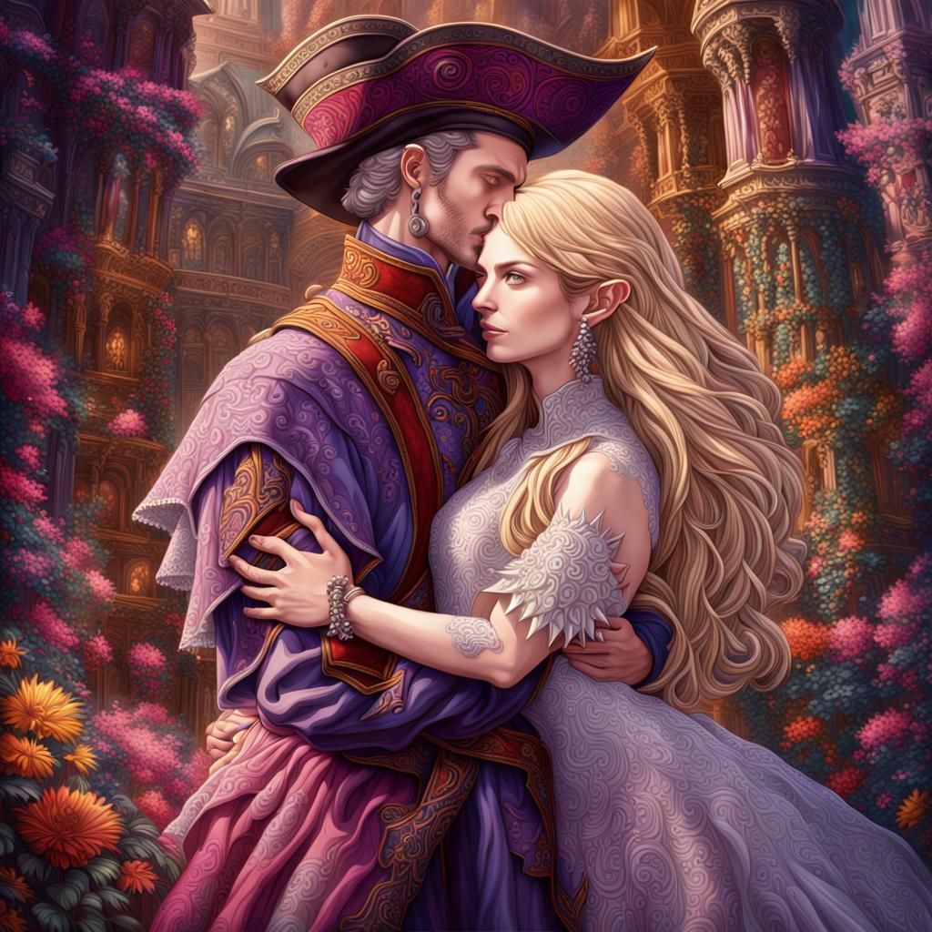 Romantic Elf Embrace in Detailed Fantasy Art