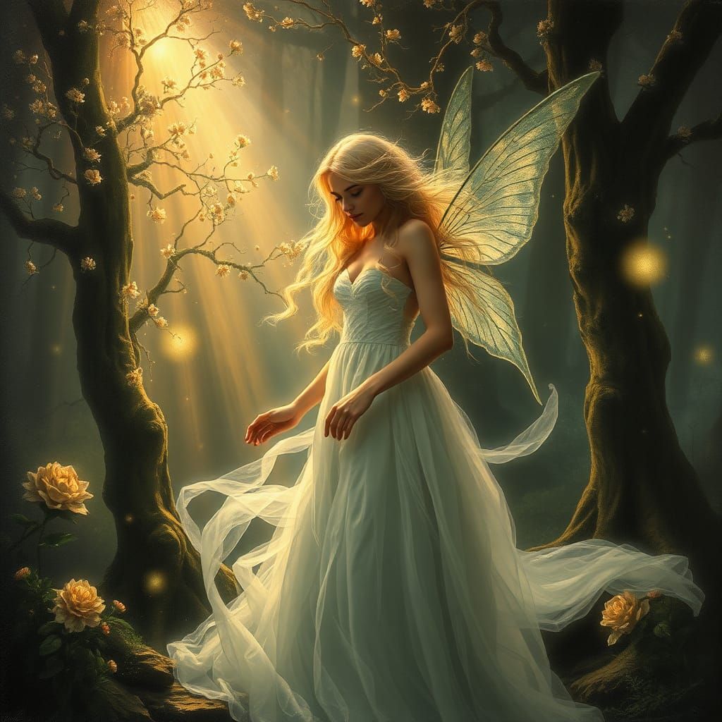 Ethereal Faerie in Sinister Forest: Expressionist Oil Painti...