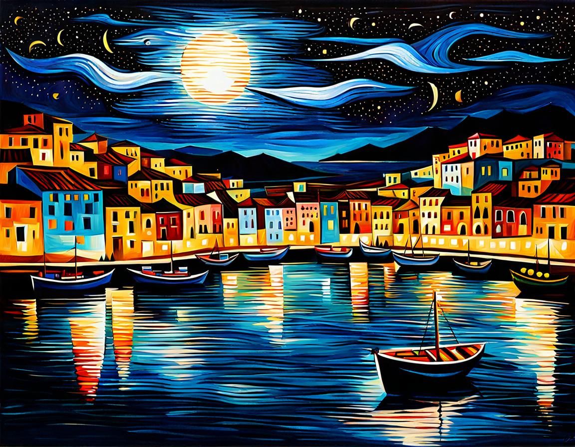 Mediterranean Harbour Nightscape in Cubist Oil Painting