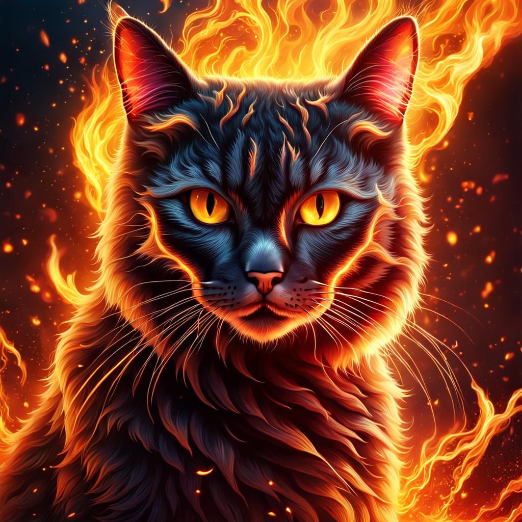 Hell Cat Portrait with Liquid Fire Explosion