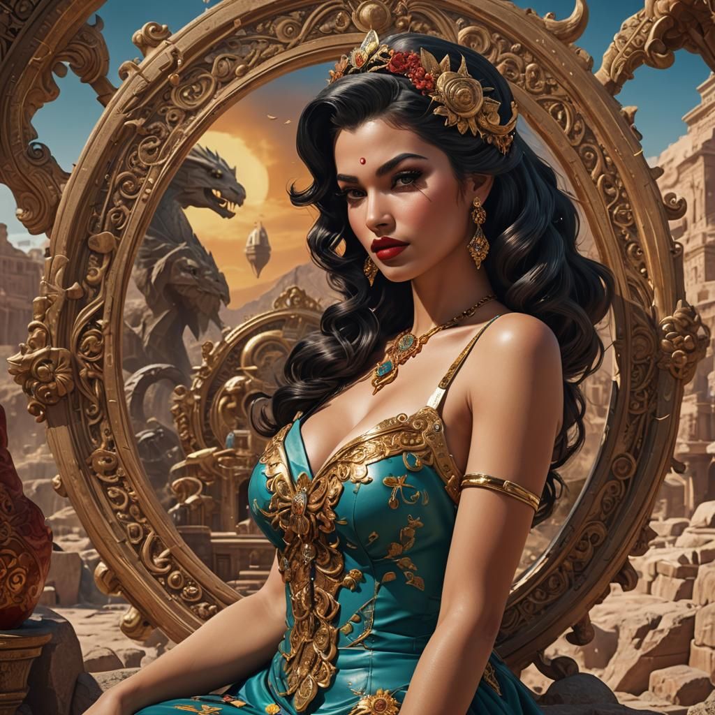 Exotic Persian Pin-Up in Hyperrealistic Style