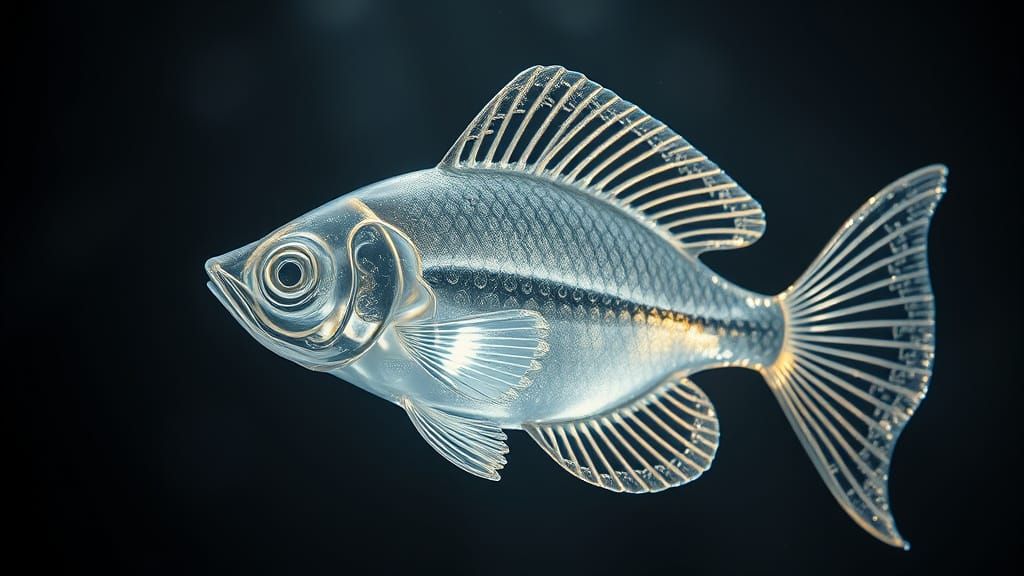 Glass Fish Swimming in Dark Water, Hyperrealistic HDR