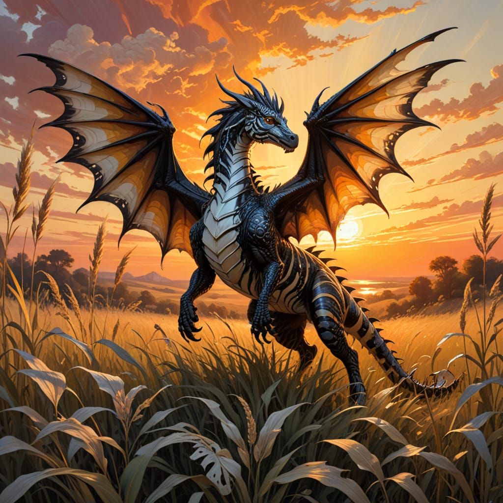 Fantasy Dragon with Zebra Stripes in Whimsical Art Style