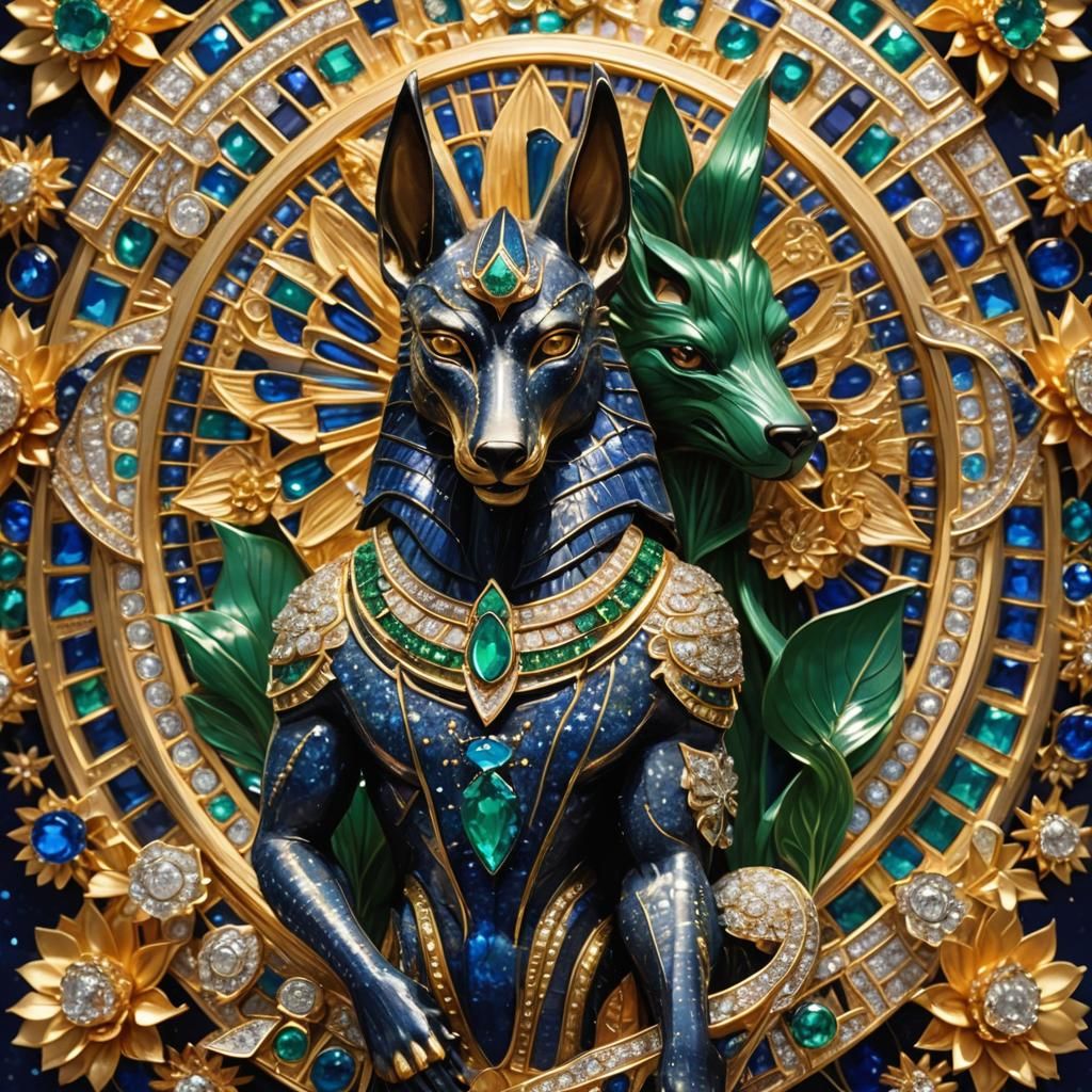 Egyptian God Anubis Brooch with Lotus Flower