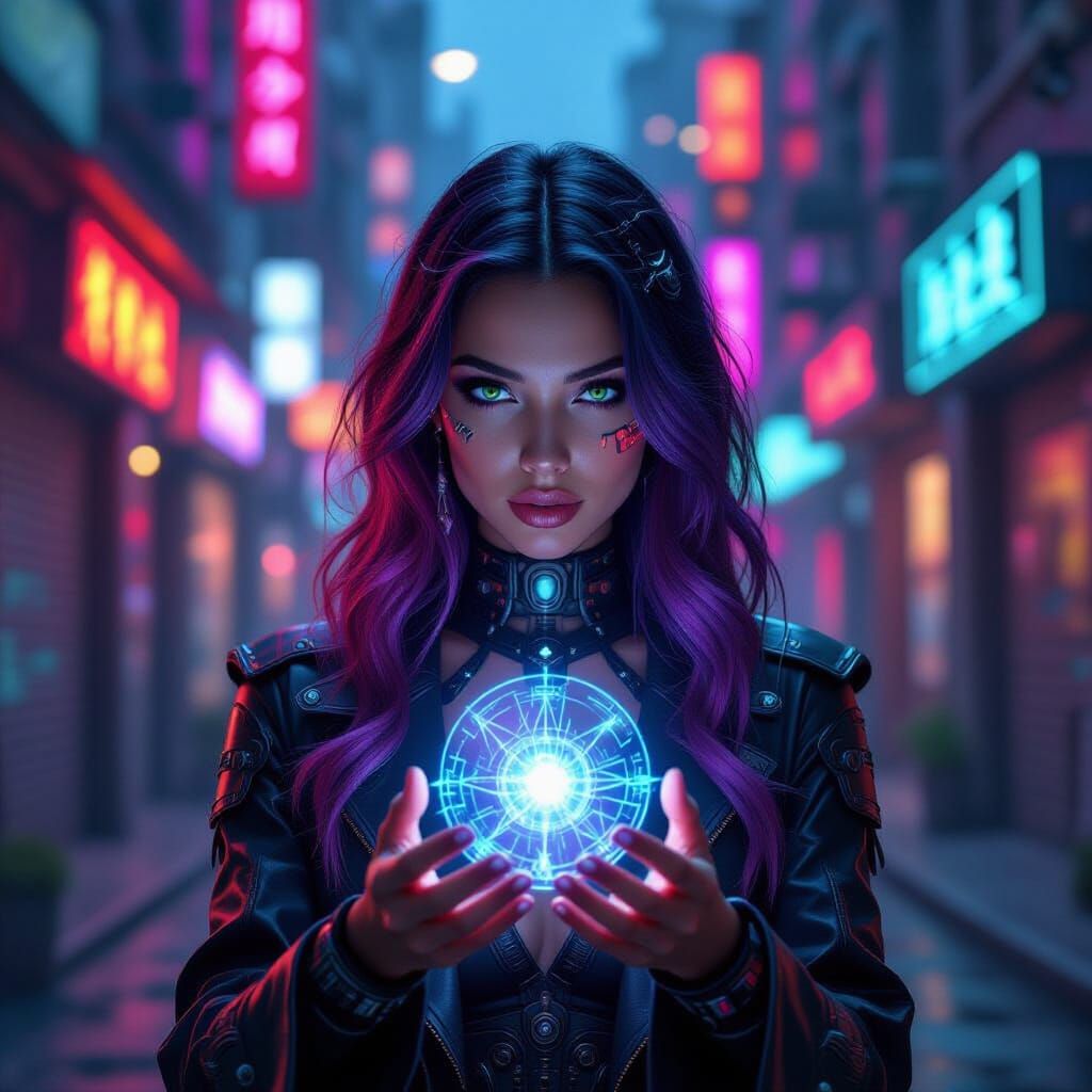 Cyberpunk Witch with Holographic Spellcasting in Neon City