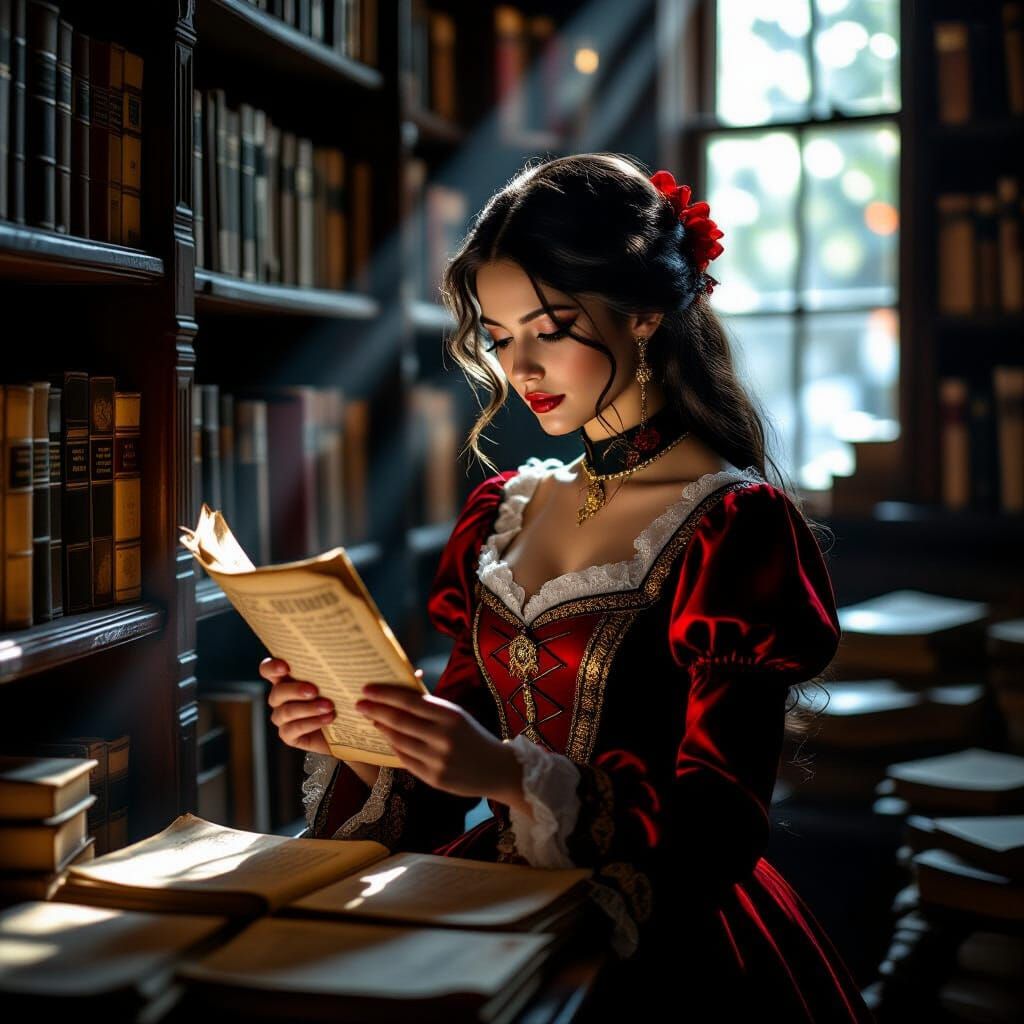 Elegant Woman in Red Discovering Ancient Parchment in Dusty ...