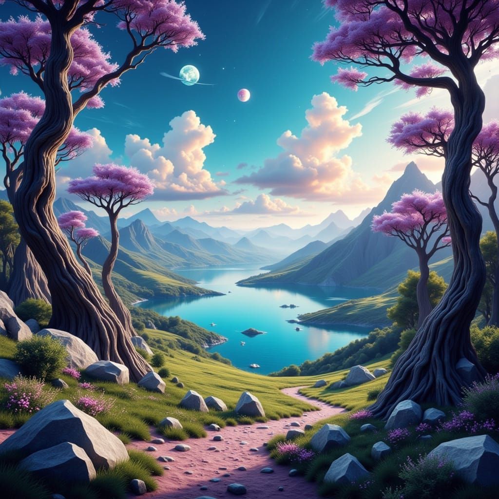 Alien Planet Vista with Twin Suns, in Mixed Media Style