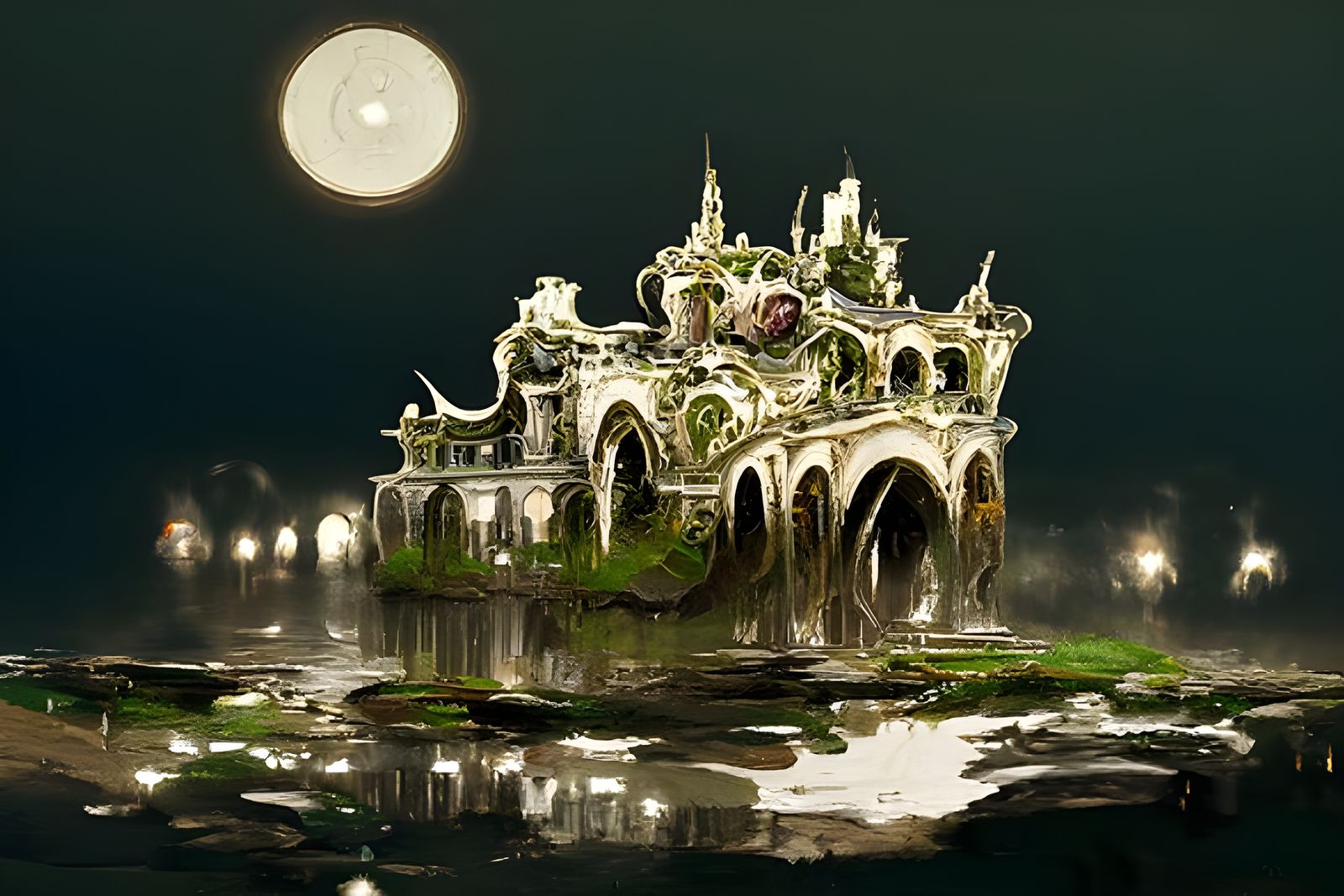 Ethereal Castle on Stormy Night in Art Nouveau Style