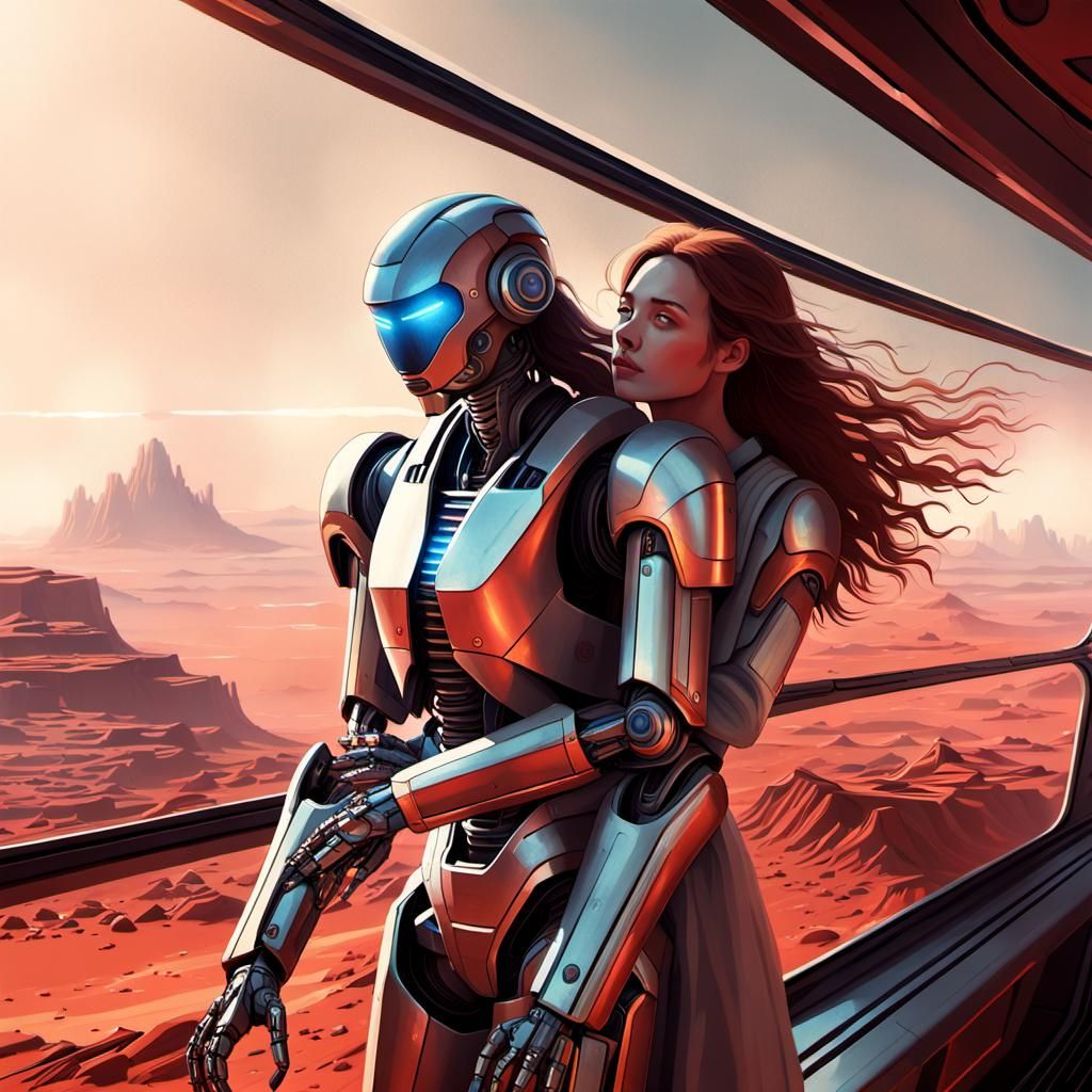 Sci-Fi Romance: Woman and Robot on Mars Train