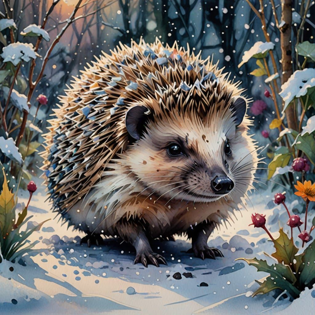 Ethereal Hedgehog in Snowy Winter Garden at Twilight