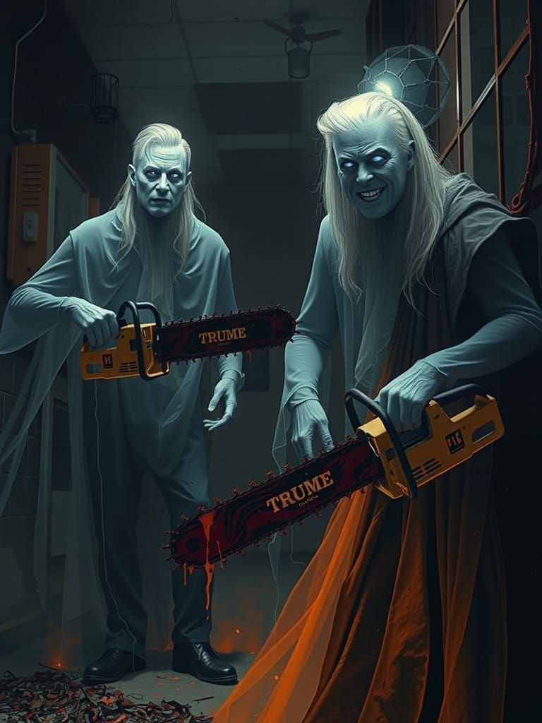 Ethereal Horror Figures Confront Dark Abandoned Asylum