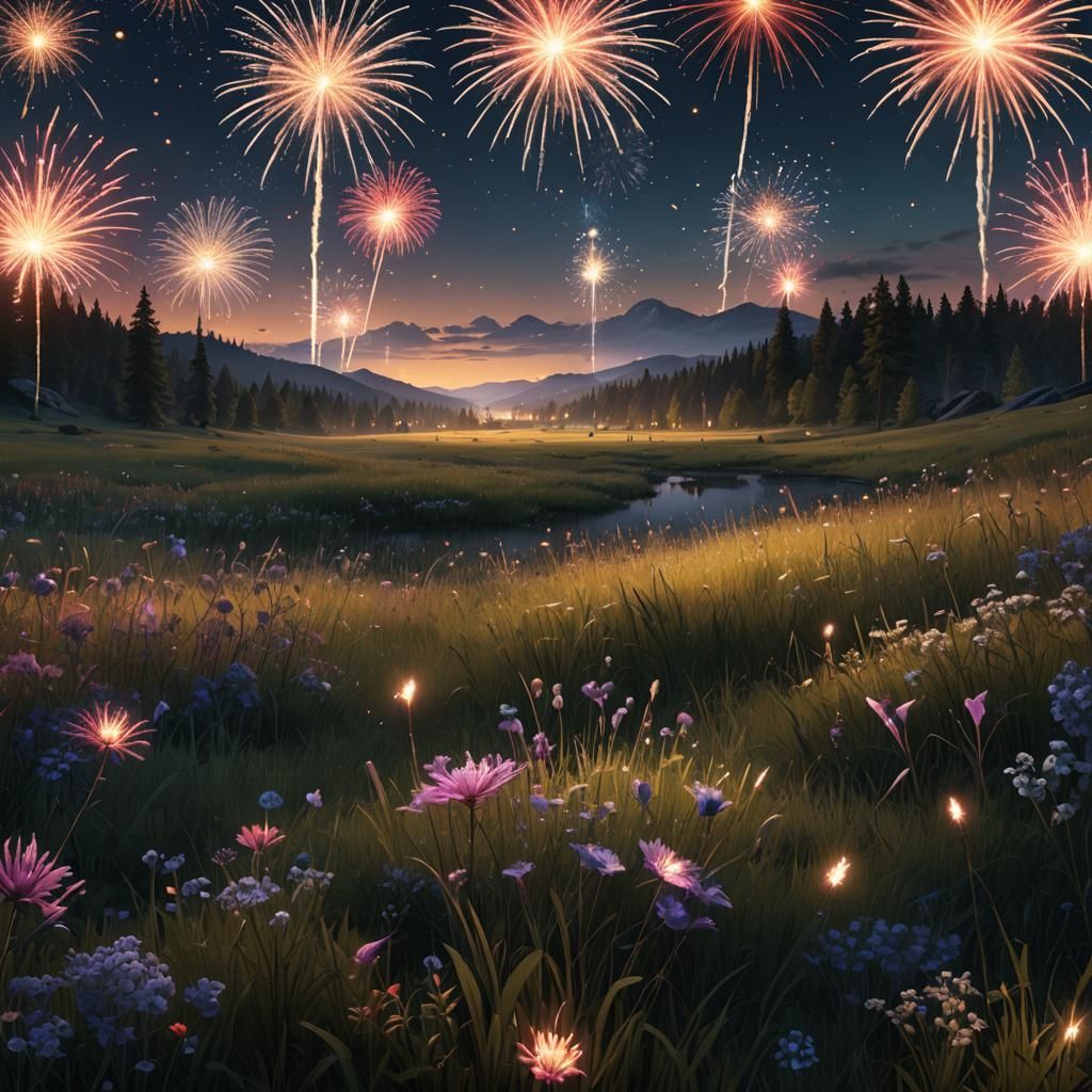 Fireworks Over Meadow: Detailed Matte Painting