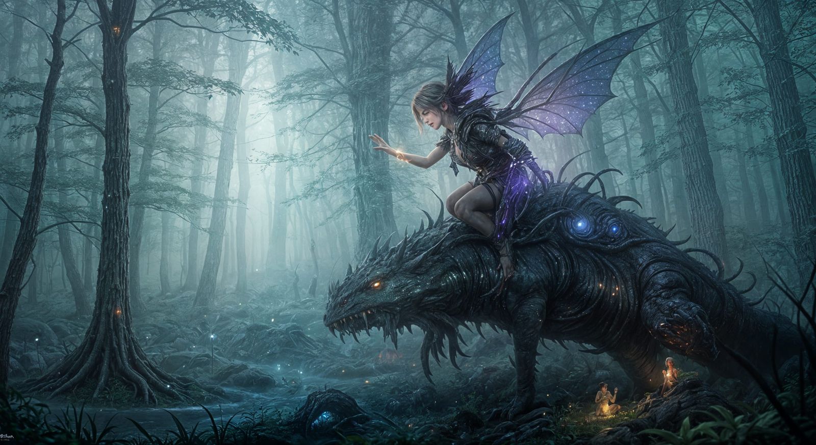 Pixie and Monster in Ethereal Fantasy Scene