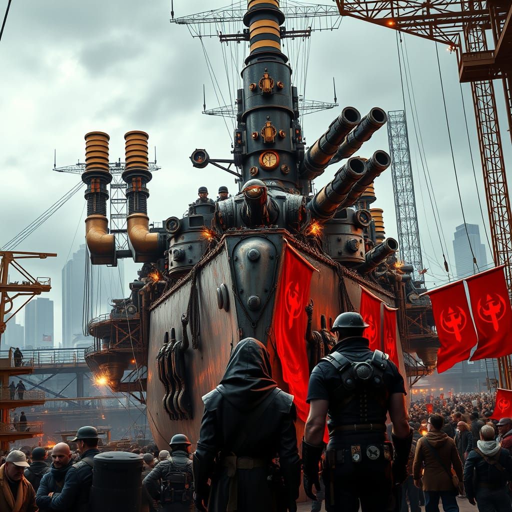 Colossal Steampunk Warship in Industrial Dockyard