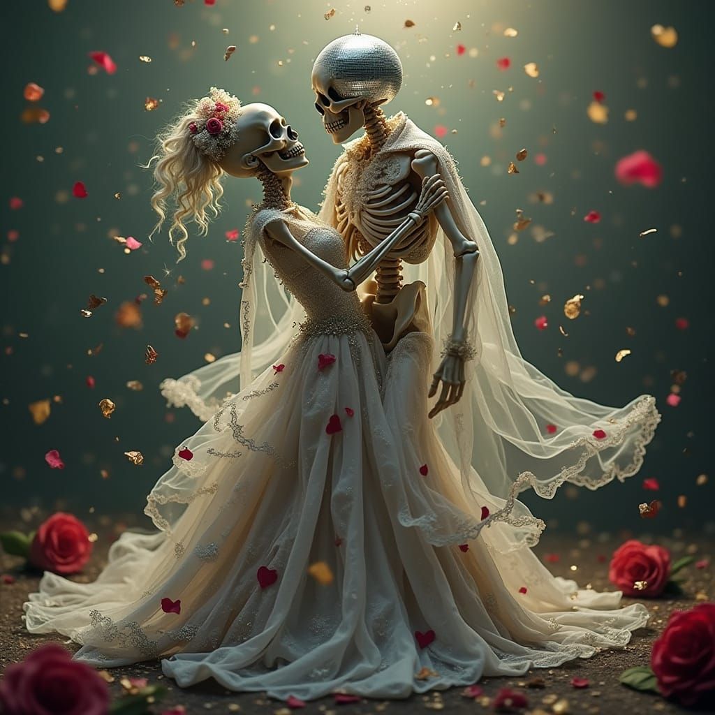 Skeleton Couple Dancing Under Disco Ball