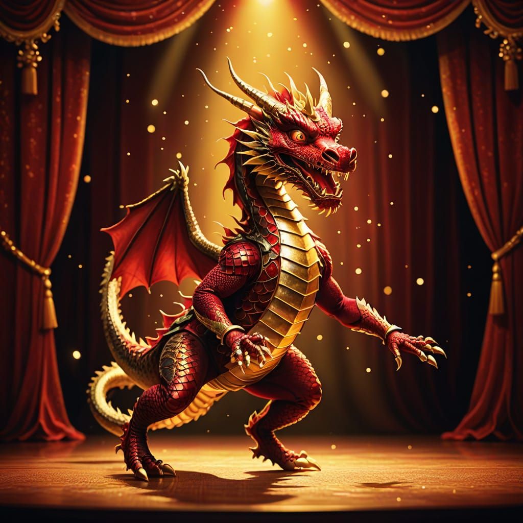 Dragon Tap Dancing on Stage: Vibrant Digital Art
