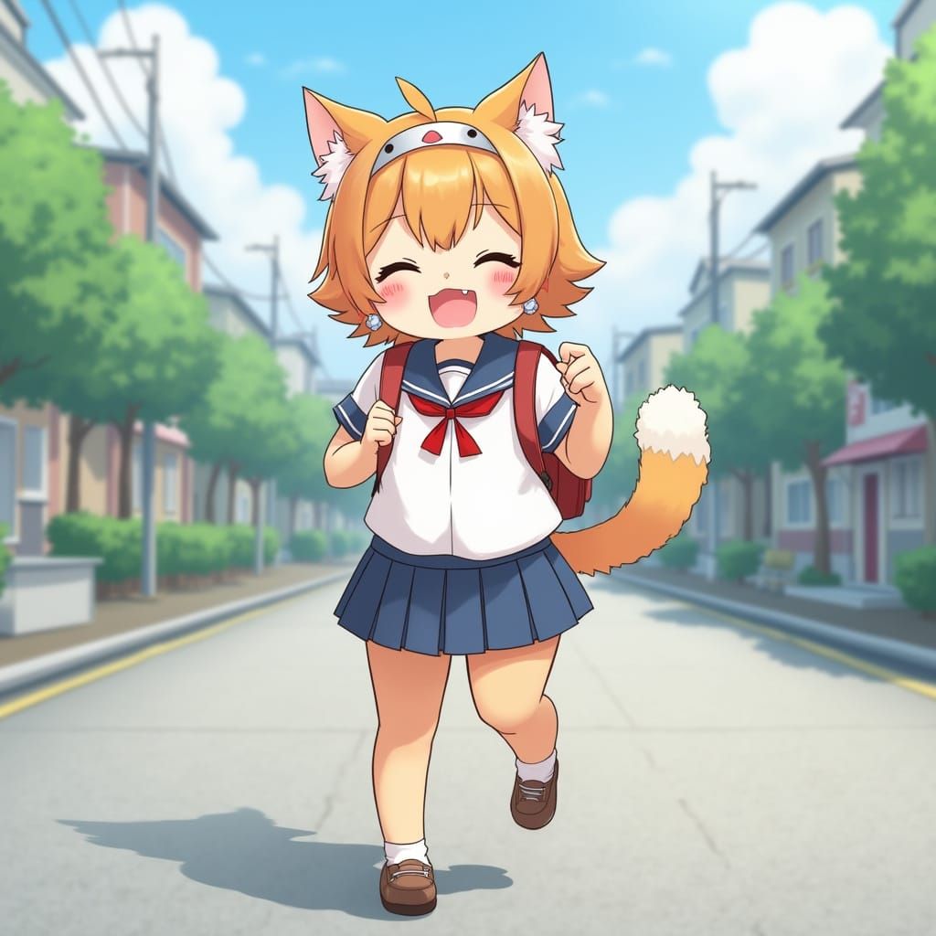 Kawaii Anime Schoolgirl Cat in Capybara Backpack