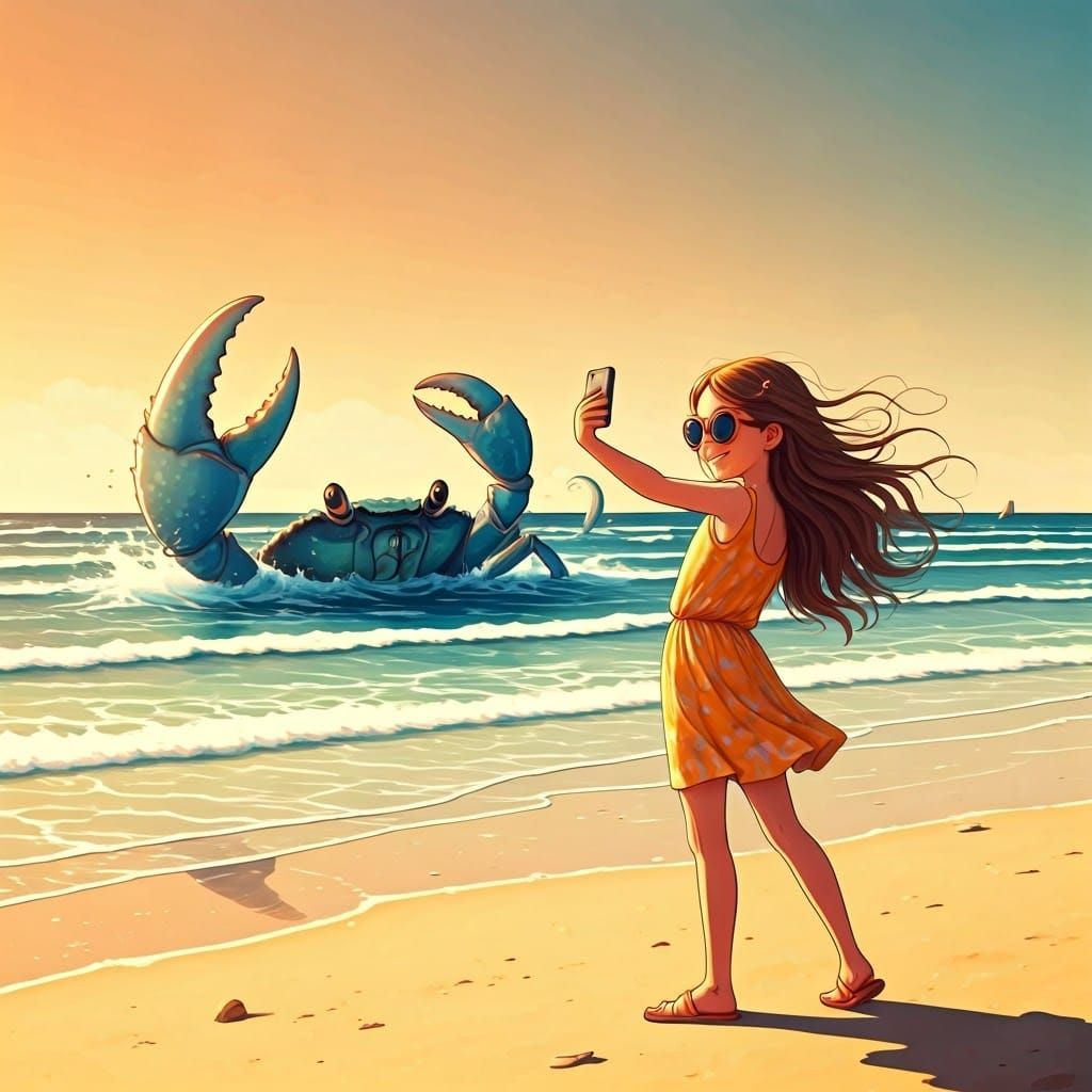 Girl's Beach Selfie with Giant Crab, Miyazaki Style