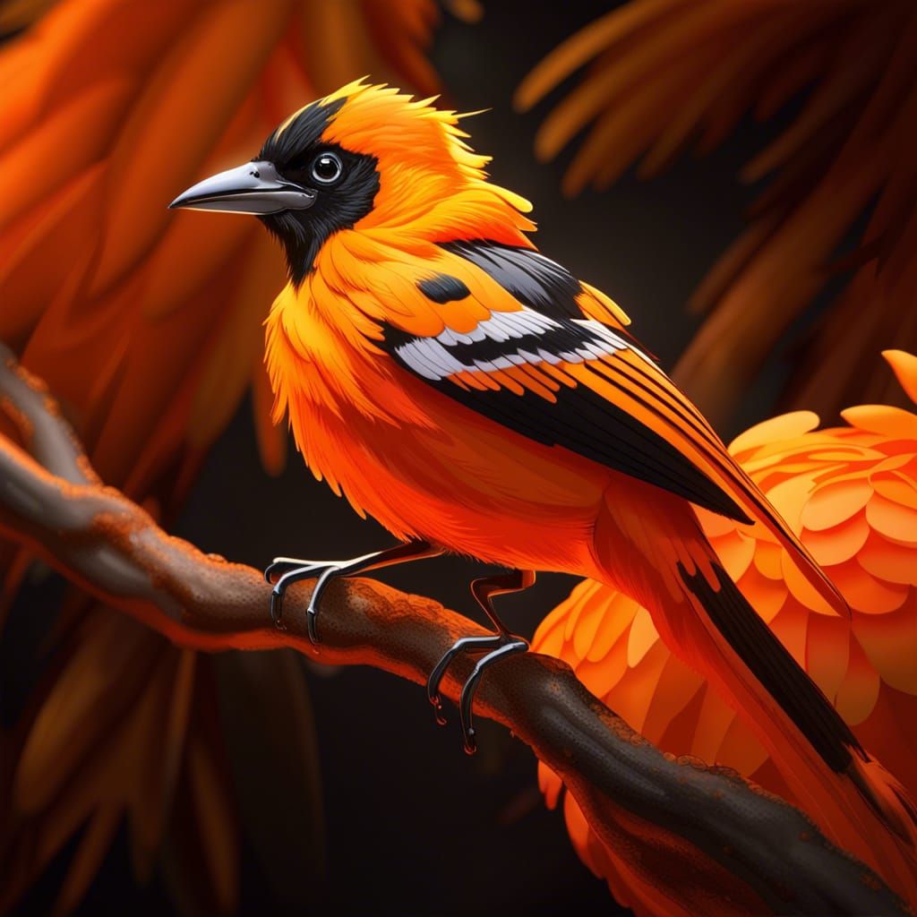 Vibrant Orange Oriole Bird in Hyperrealistic Detail