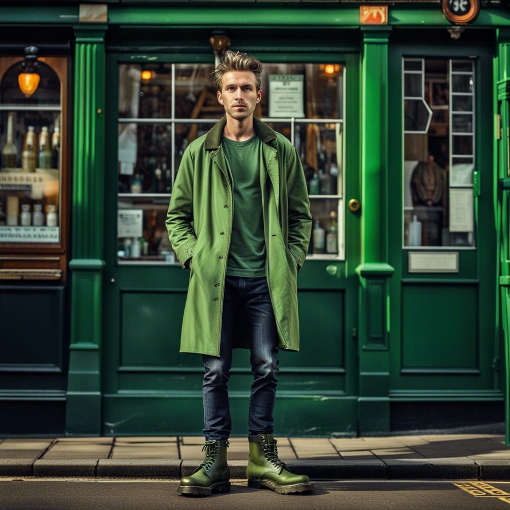 Hyperrealistic Man in Green Coat Outside London Pub