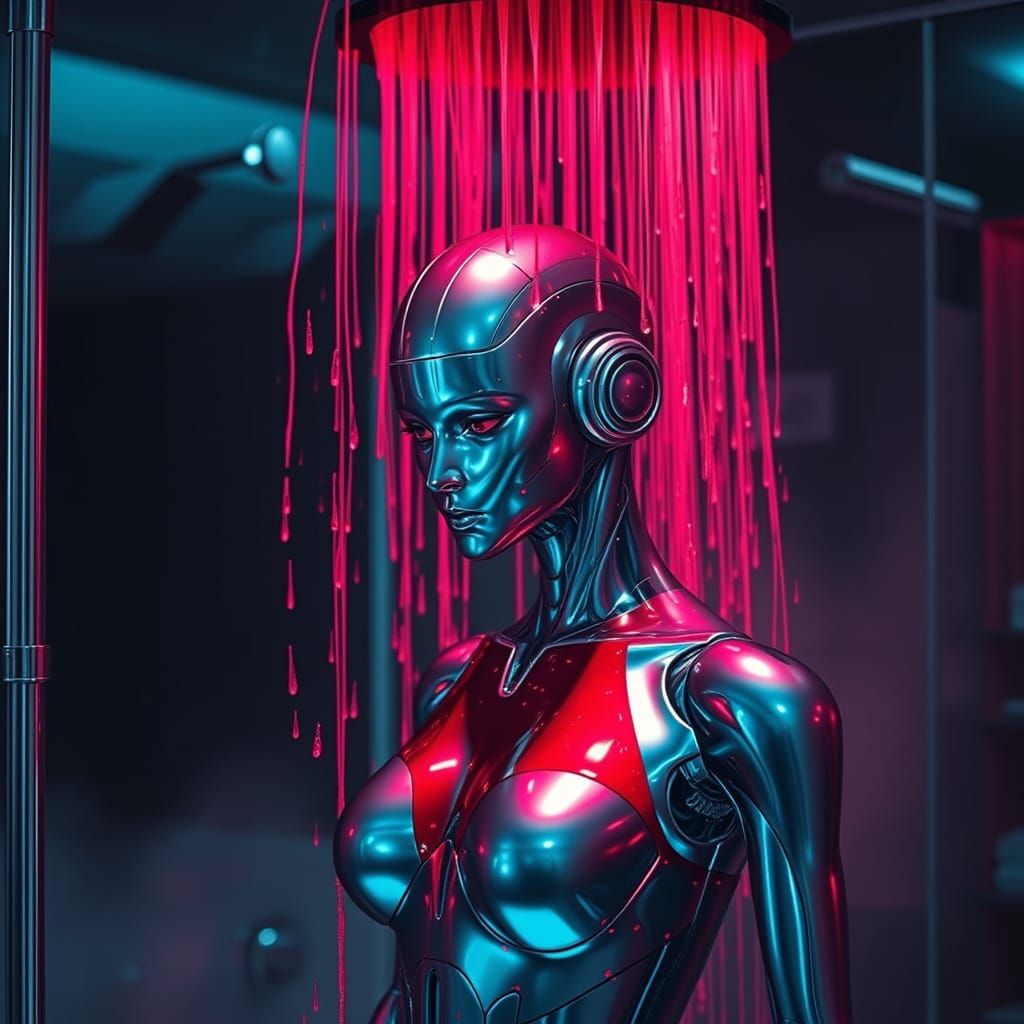 Sleek Robot in Red Costume Under Red Shower