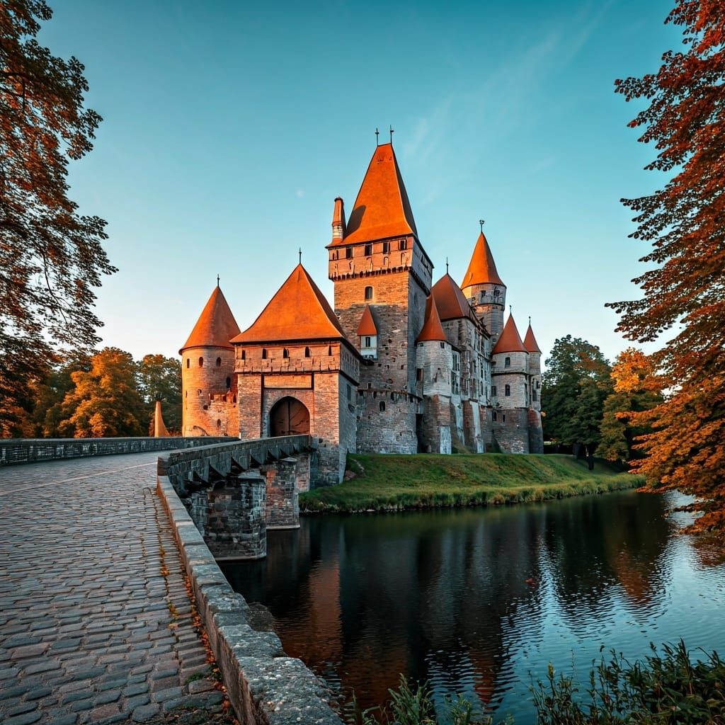 Medieval Castle with Lake and Forest, Realistic Style