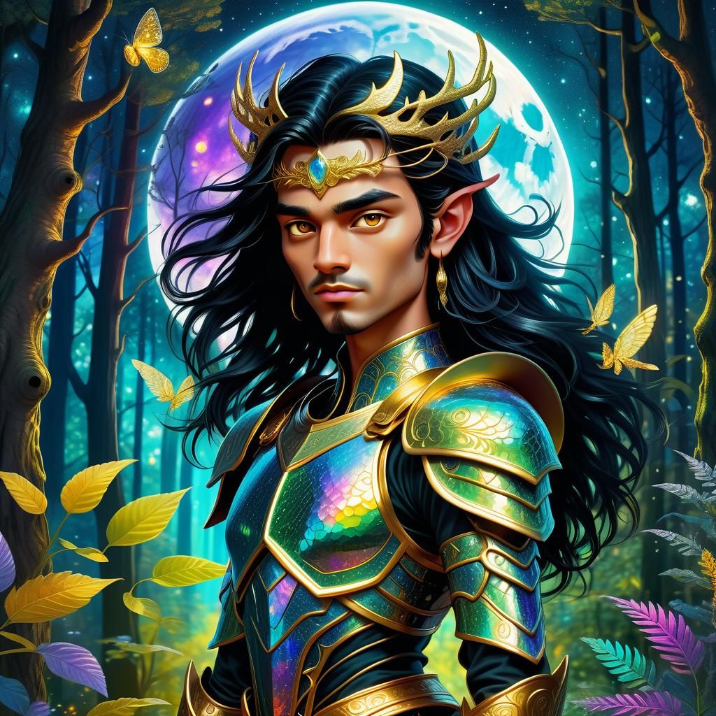 Highly detailed, beautiful fae prince. With black hair and g...