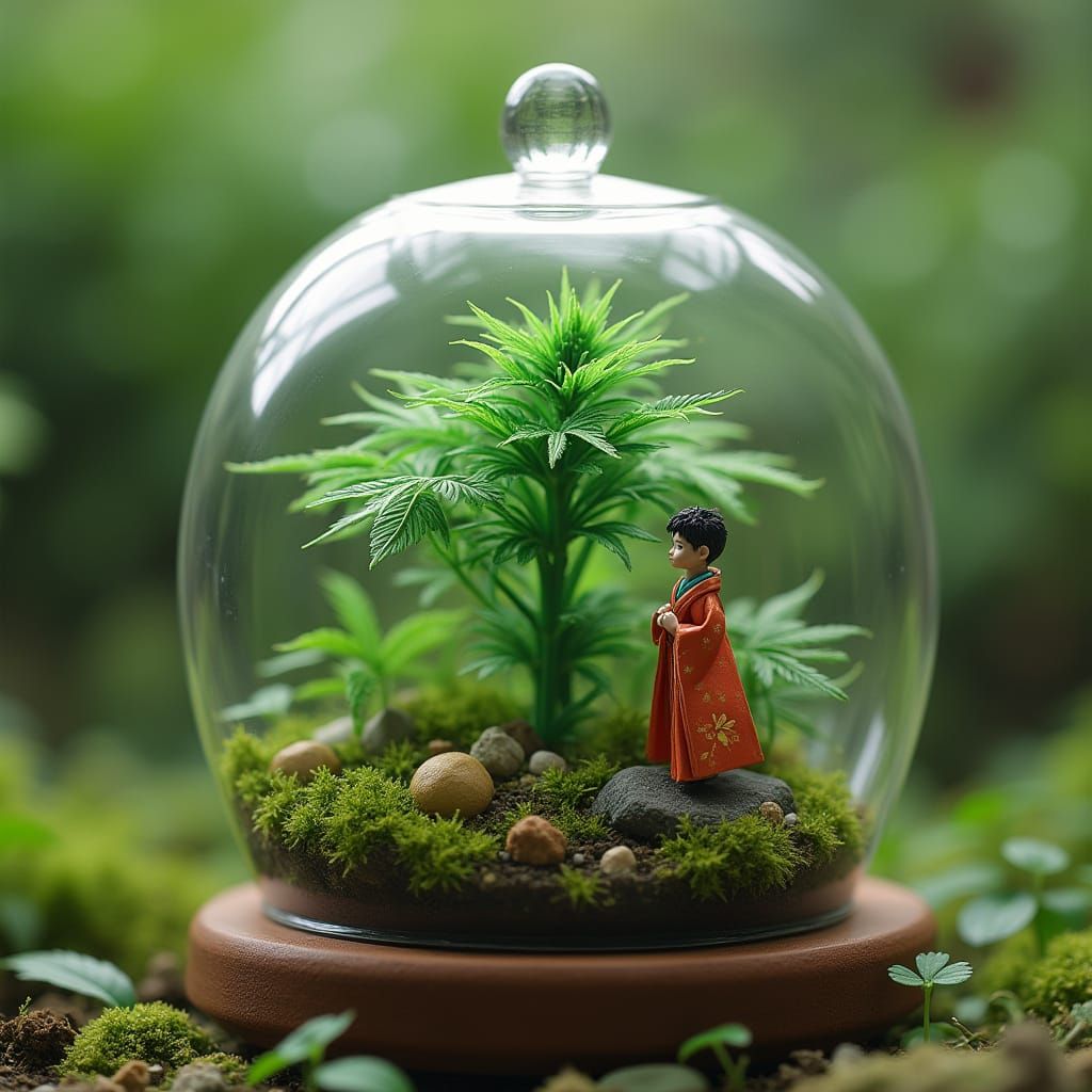 Origami Cannabis Terrarium with Japanese Figure, Anime Style