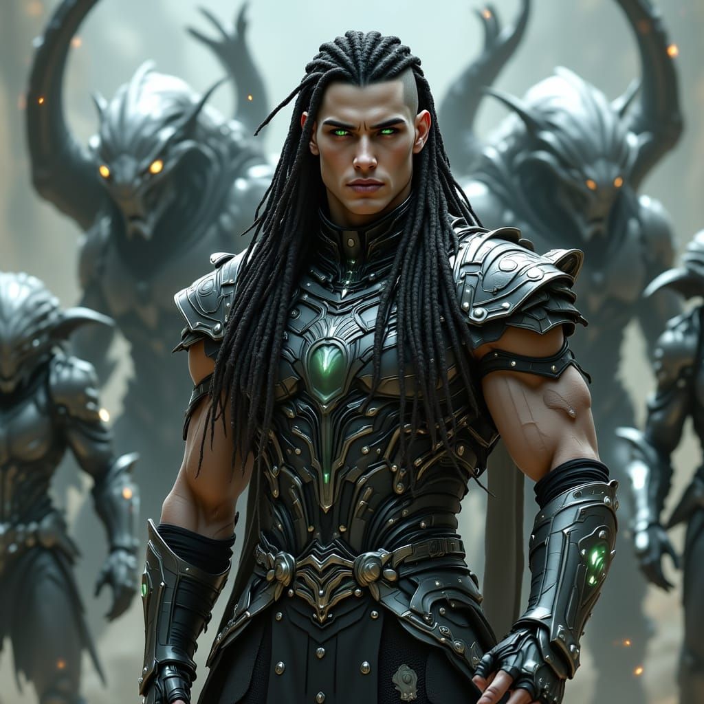 Futuristic Warrior Surrounded by Aliens