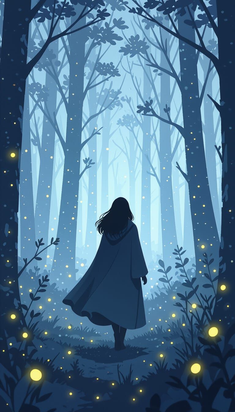 Mystical Forest Walk with Fireflies in Digital Art Style
