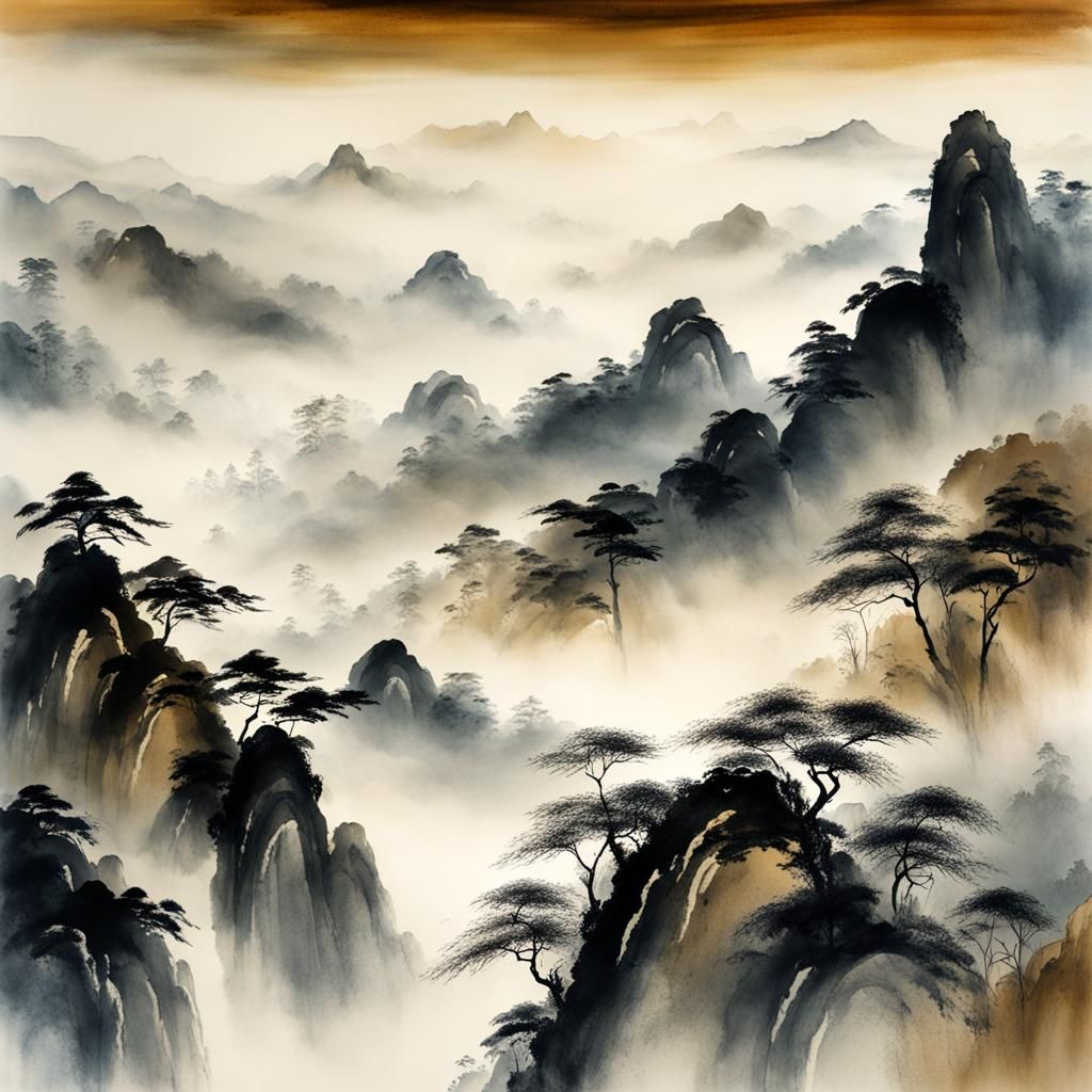 Misty Landscape in Chinese Ink Painting Style