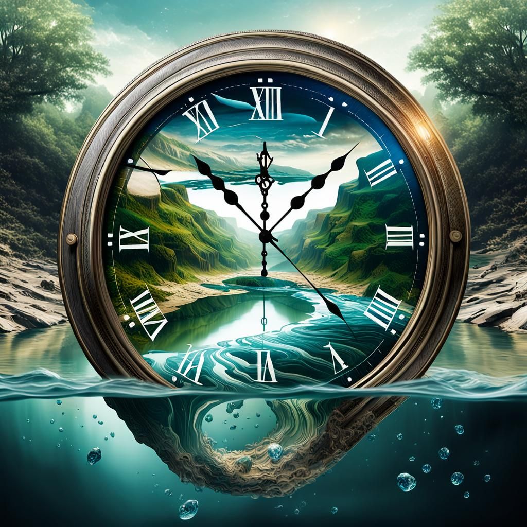 Surreal Clock Flows Through River to Infinity